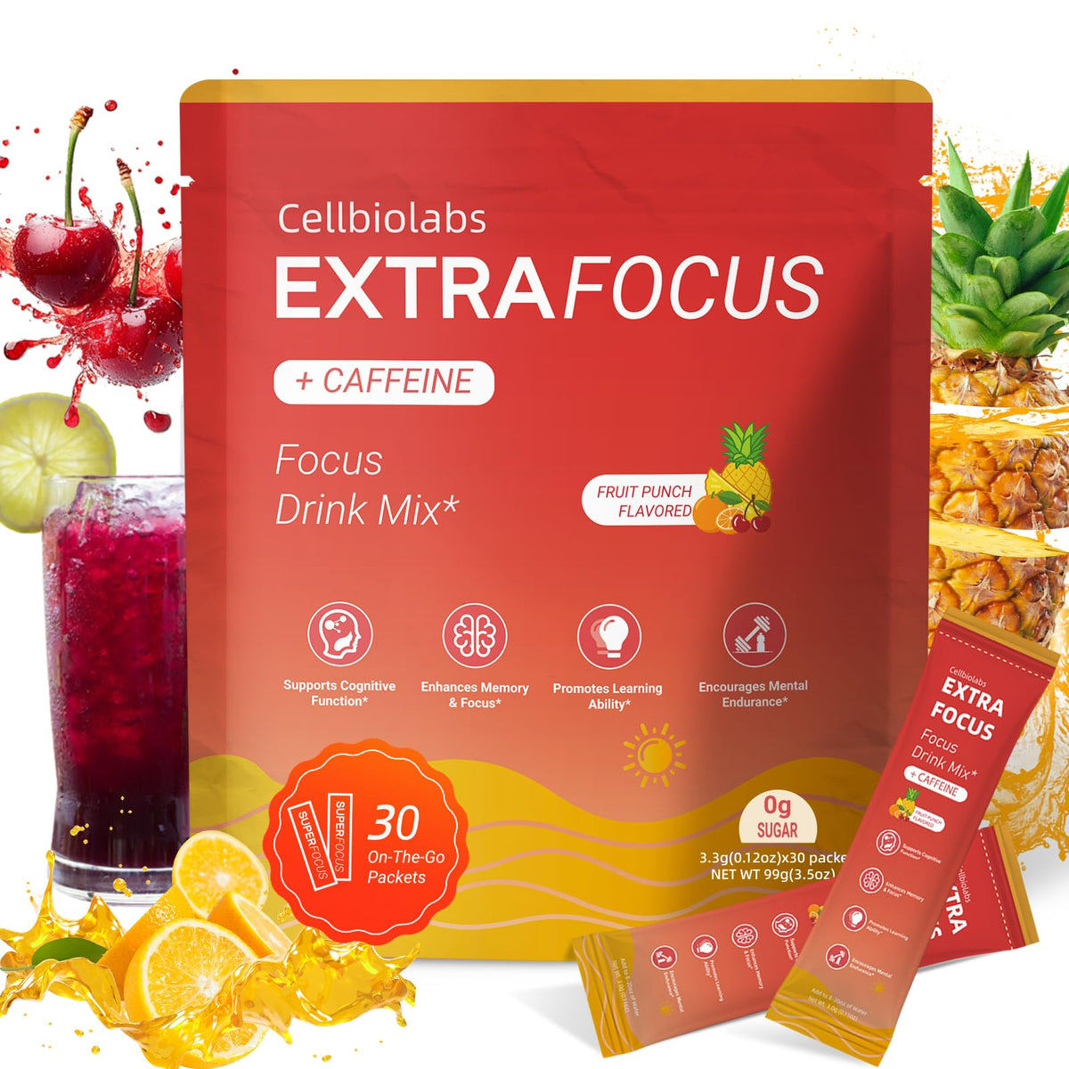 Cellbiolabs Extra Focus fruit punch stick for daily focus and sugar-free energy.