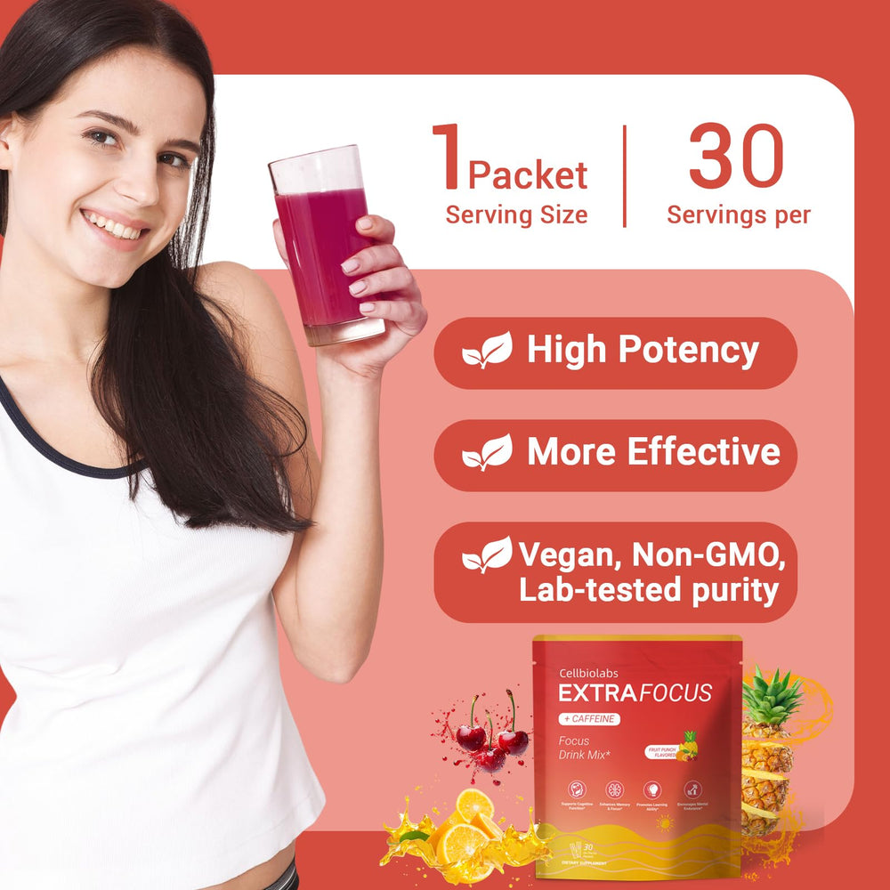 Cellbiolabs Extra Focus travel-friendly packaging for on-the-go routines.