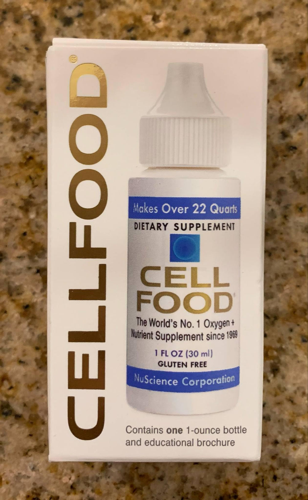 Cellfood Oxygen Boost bottle back shows certifications and gluten-free status for trusted use.