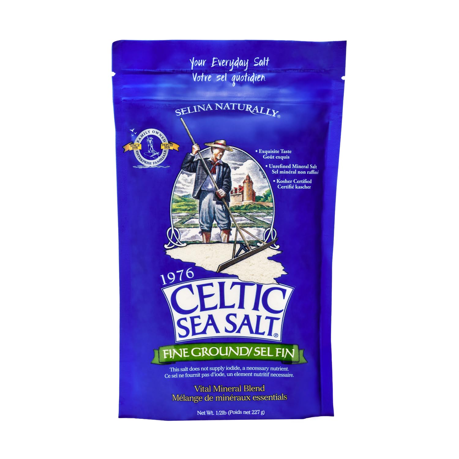 Celtic Sea Salt Fine Ground 8 oz resealable bag front view
