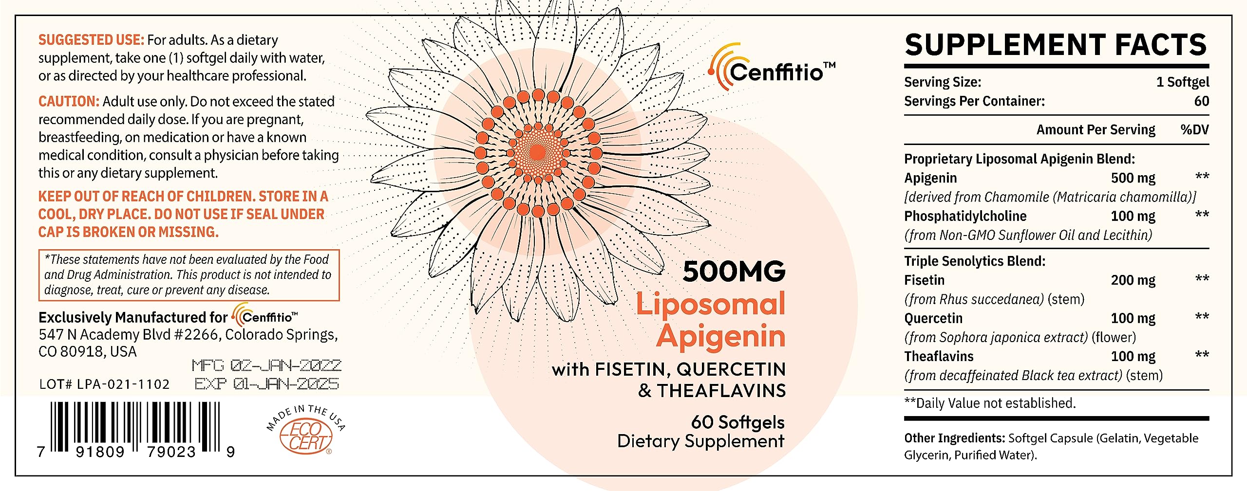 Cenffitio liposomal apigenin packaging and bottle label