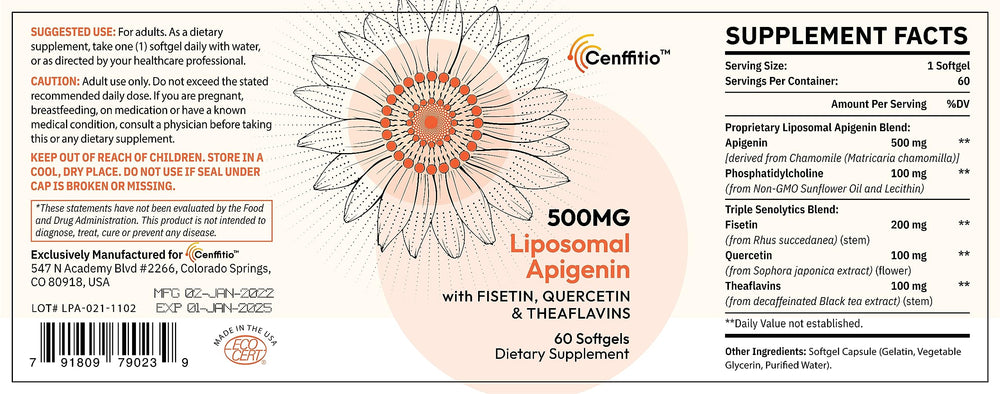 Cenffitio liposomal apigenin packaging and bottle label