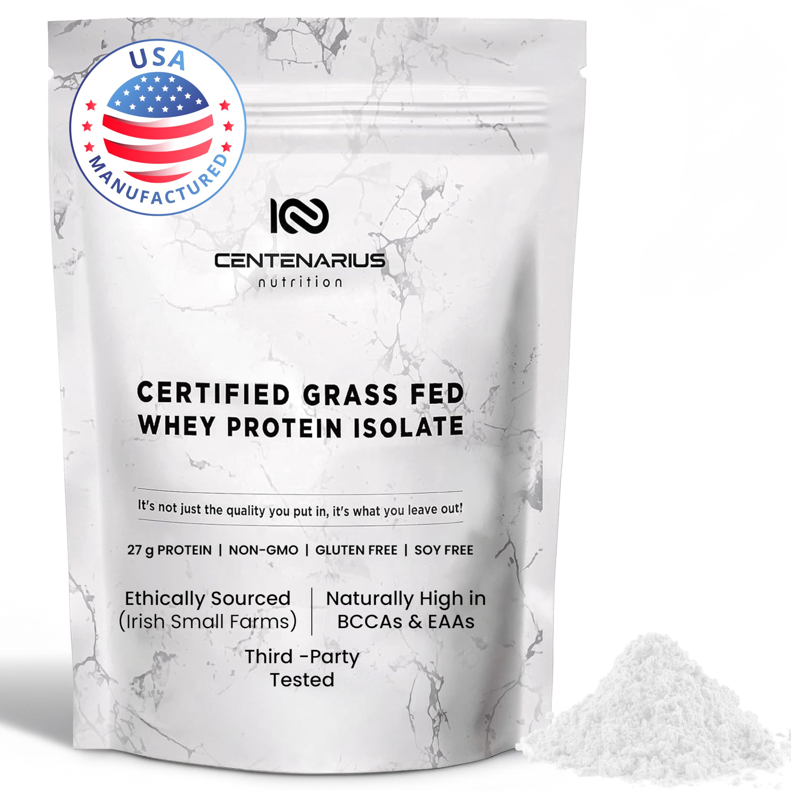 Centenarius Premium Whey Isolate 500g packaging with grass-fed label for clean protein