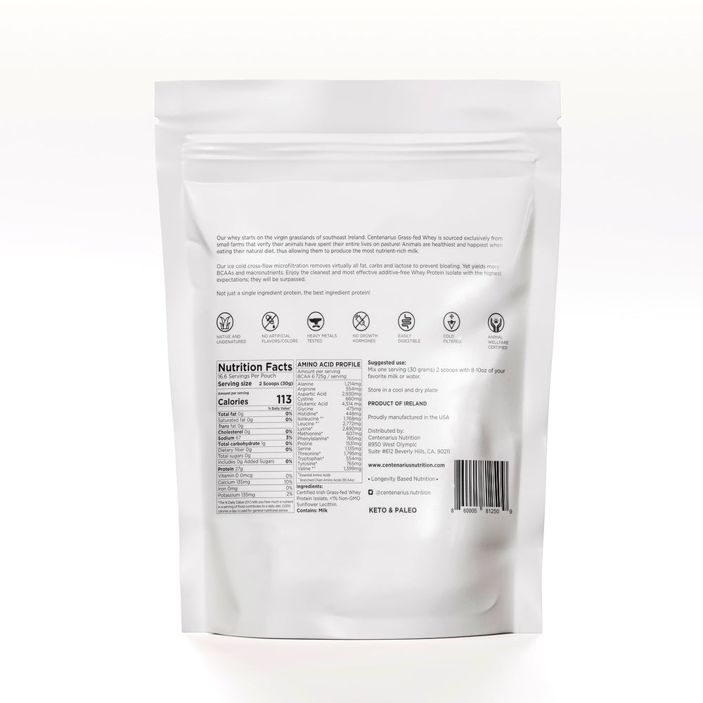 Centenarius Premium Whey Isolate 500g shake being poured into glass