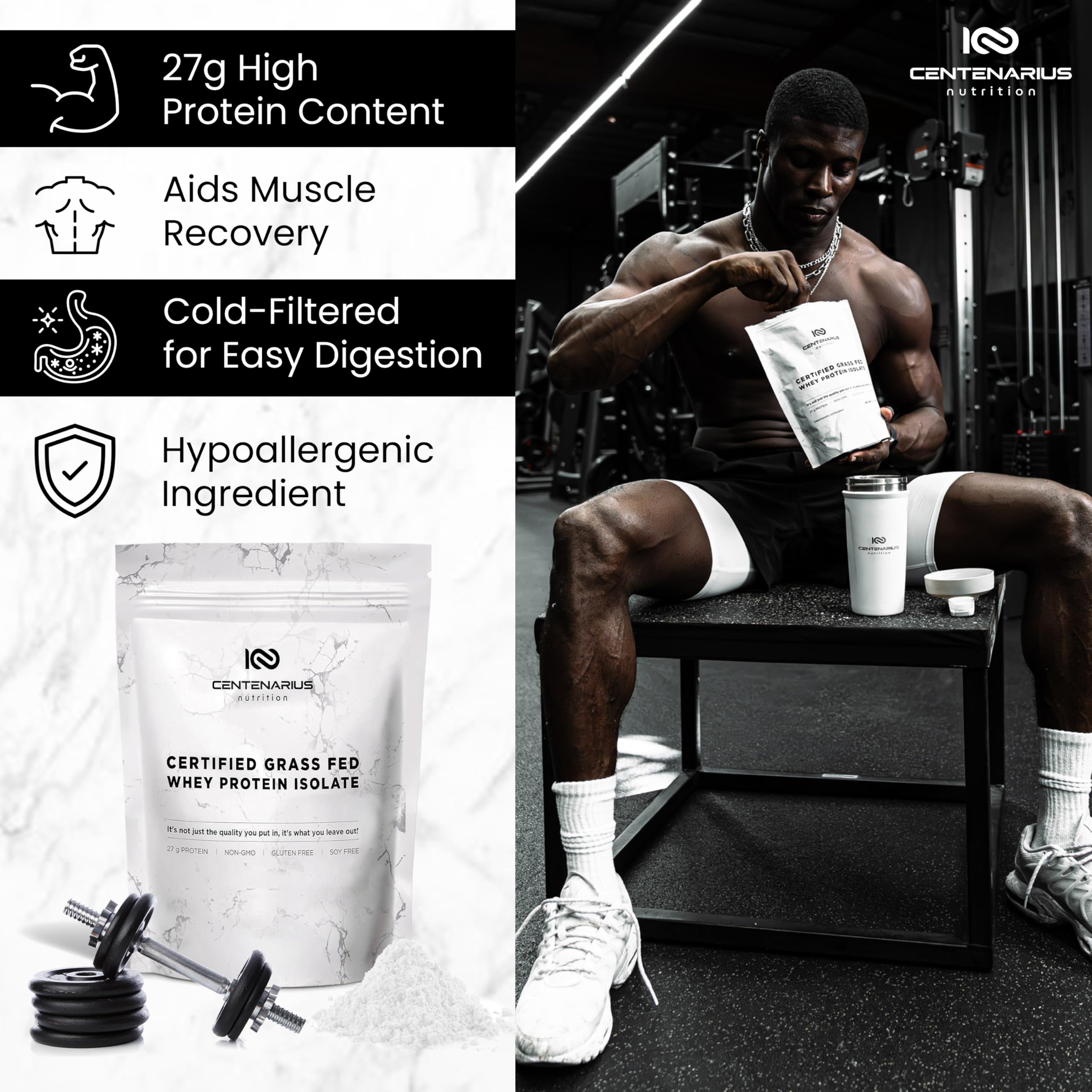 Centenarius Premium Whey Isolate 500g serving scoop showing 27g protein per serving