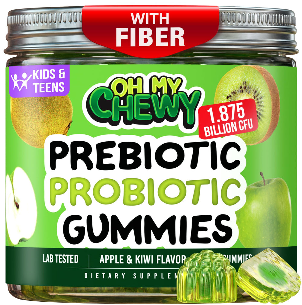 Front of Center-Filled Kids Probiotic Gummies packaging with Apple Kiwi flavor