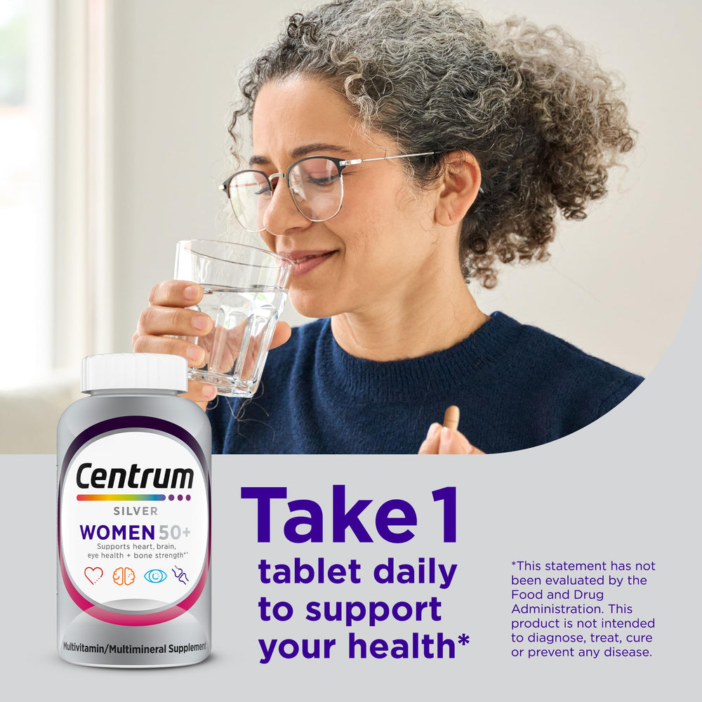 Centrum Silver ingredient panel features iron, zinc, and B vitamins.