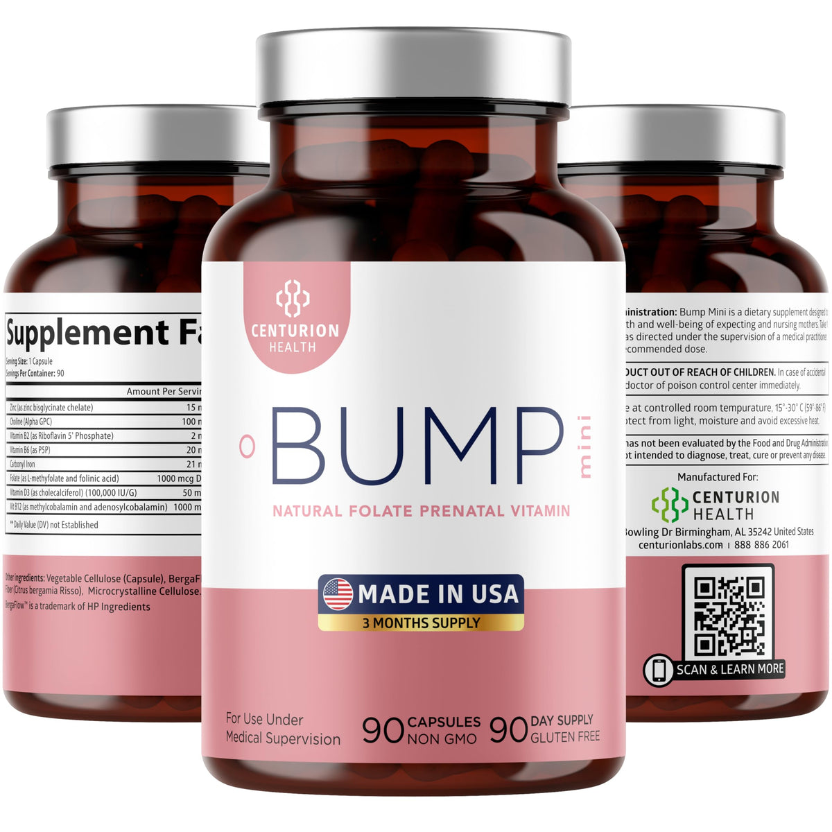 Centurion Labs Bump Mini prenatal vitamins bottle on white background