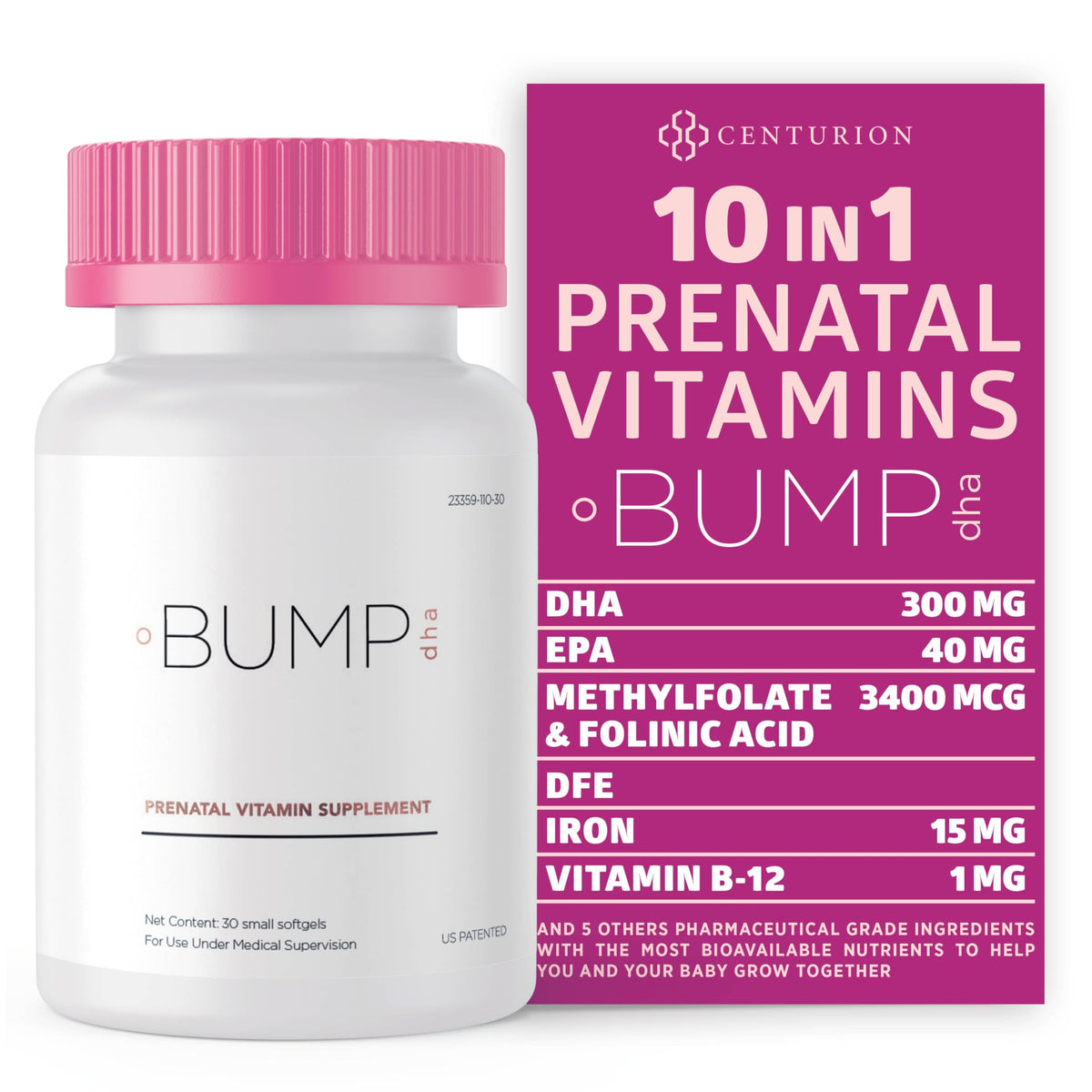 Centurion Labs Prenatal Vitamins bottle with DHA/EPA and 30 softgels