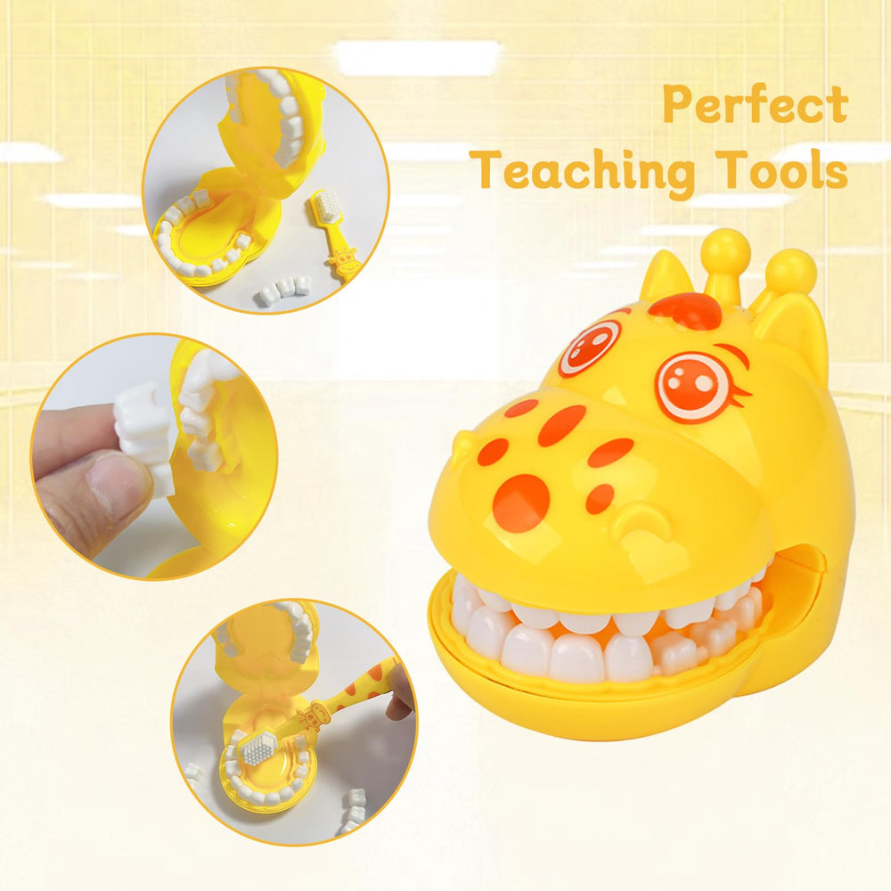 Removable teeth feature in cartoon giraffe dental toy