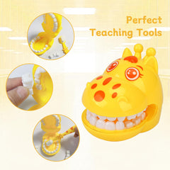 Removable teeth feature in cartoon giraffe dental toy