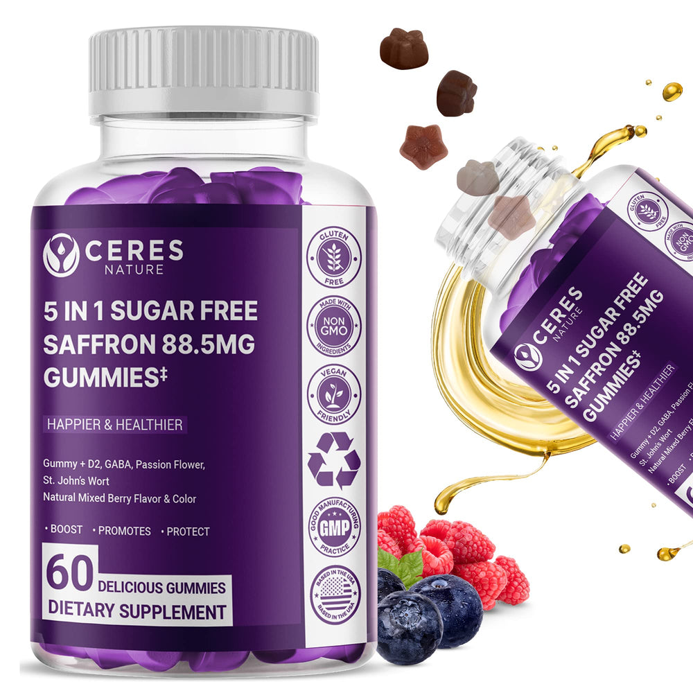 Ceres Nature premium saffron gummy bottle promotes convenient daily use