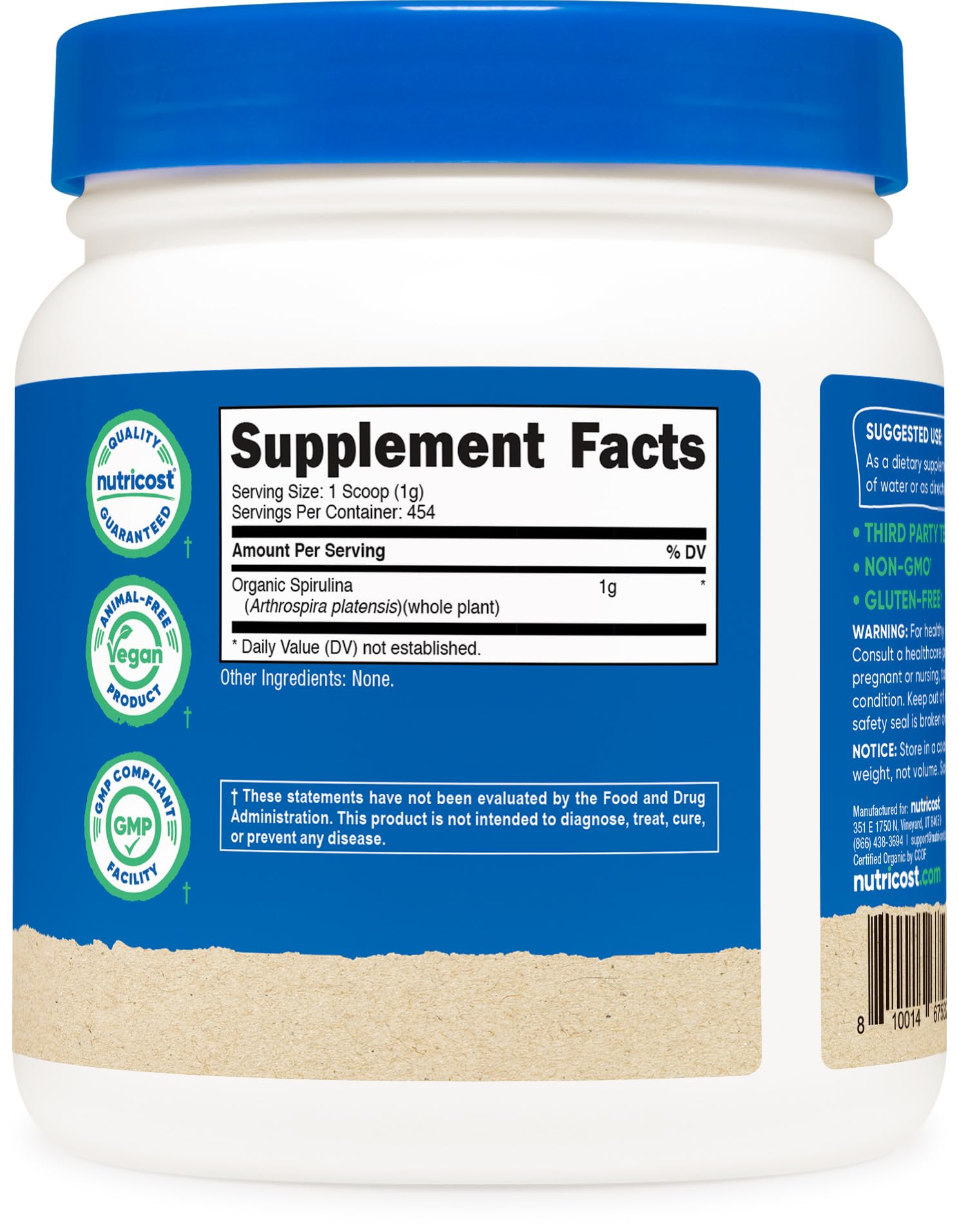 NSF GMP FDA certifications label for spirulina powder