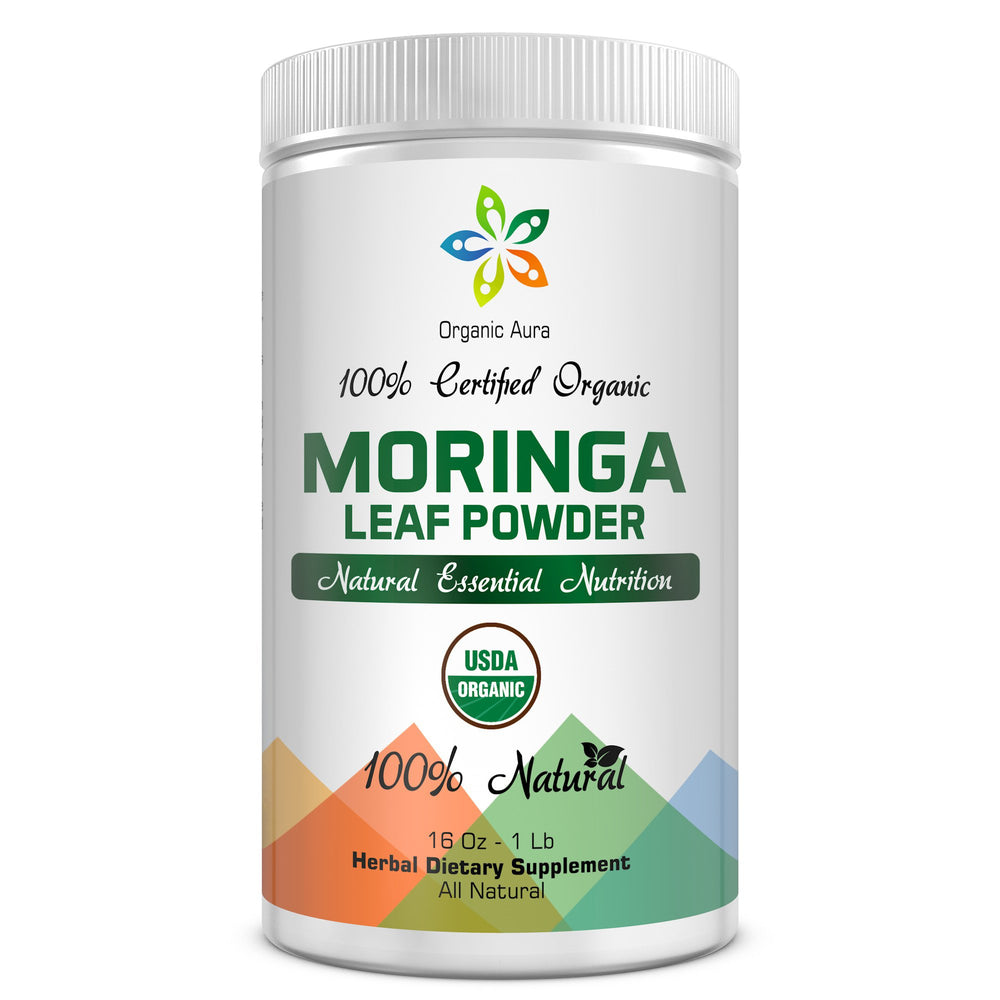 Front view of Certified Organic Moringa Leaf Powder 1Lb packaging