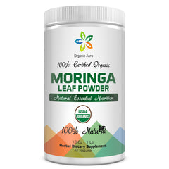 Front view of Certified Organic Moringa Leaf Powder 1Lb packaging