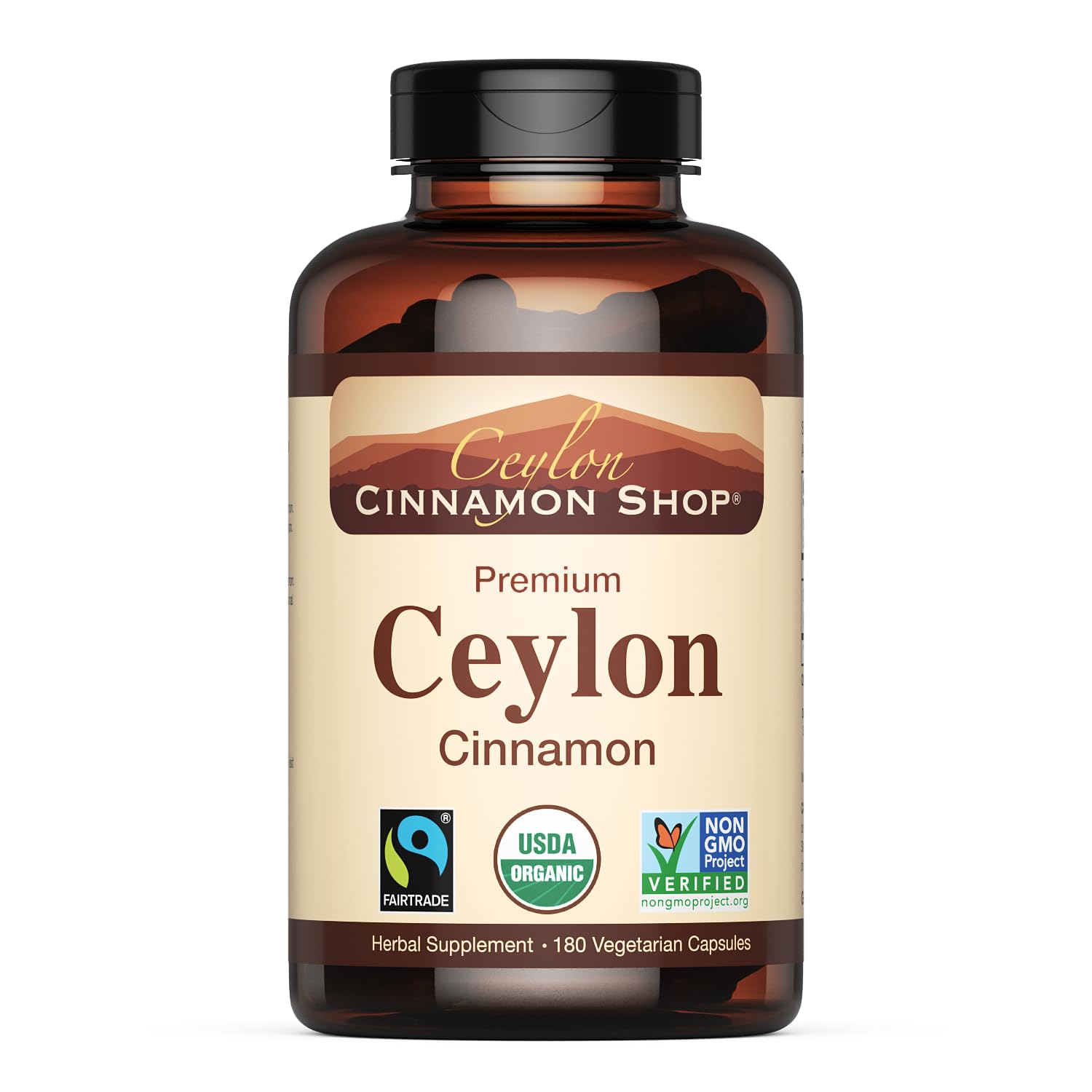 180-capsules bottle packaging for Ceylon Cinnamon supplement