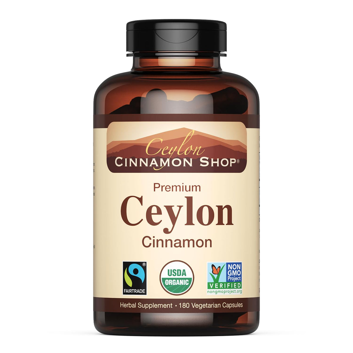 180-capsules bottle packaging for Ceylon Cinnamon supplement