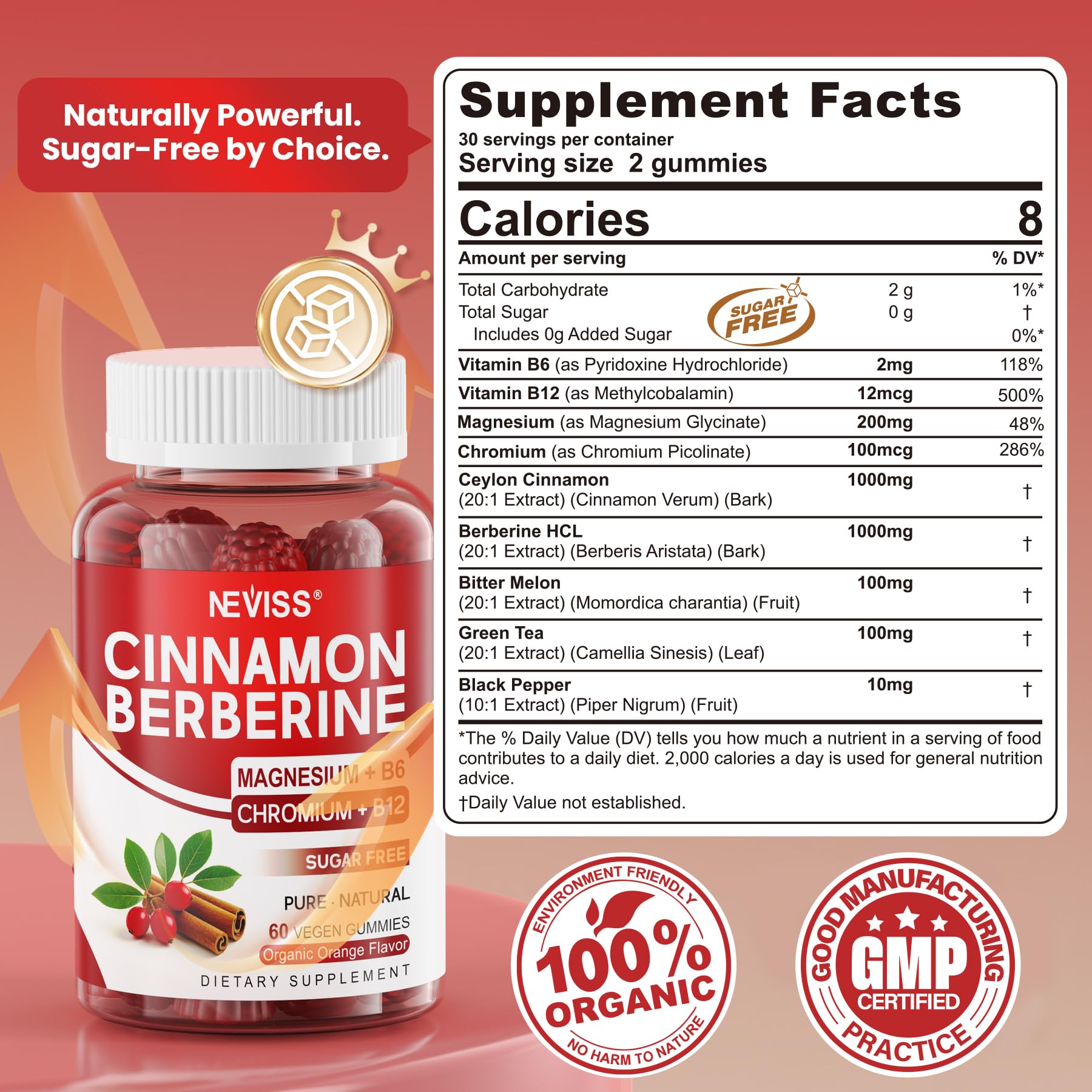 Side view of Ceylon Cinnamon Berberine Gummies bottle showing orange gummies