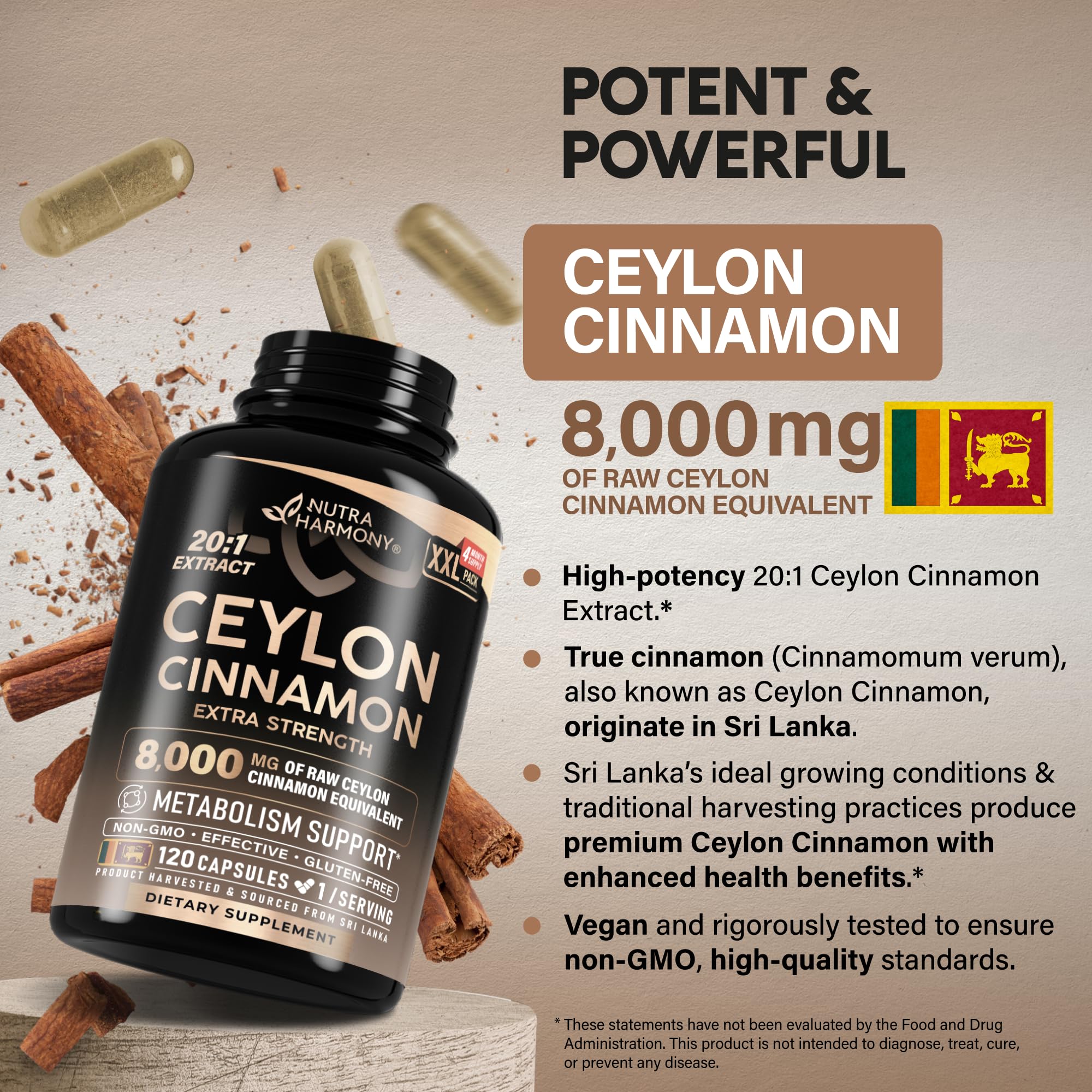 Ceylon Cinnamon capsules and 20:1 extract packaging