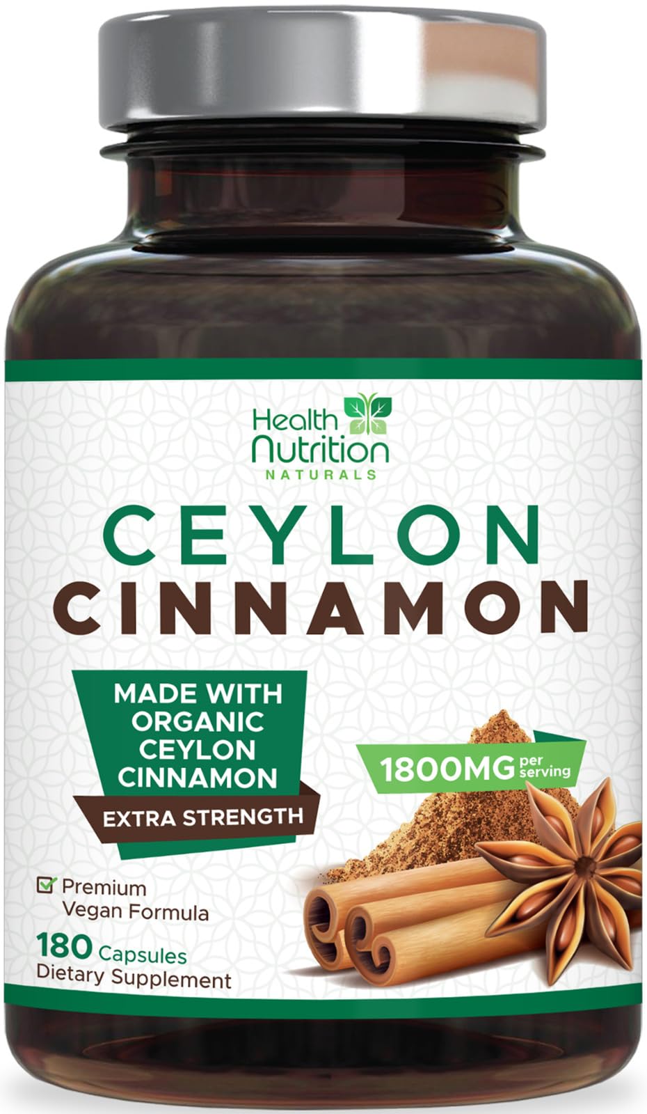 Ceylon Cinnamon capsules bottle, 1800mg per serving