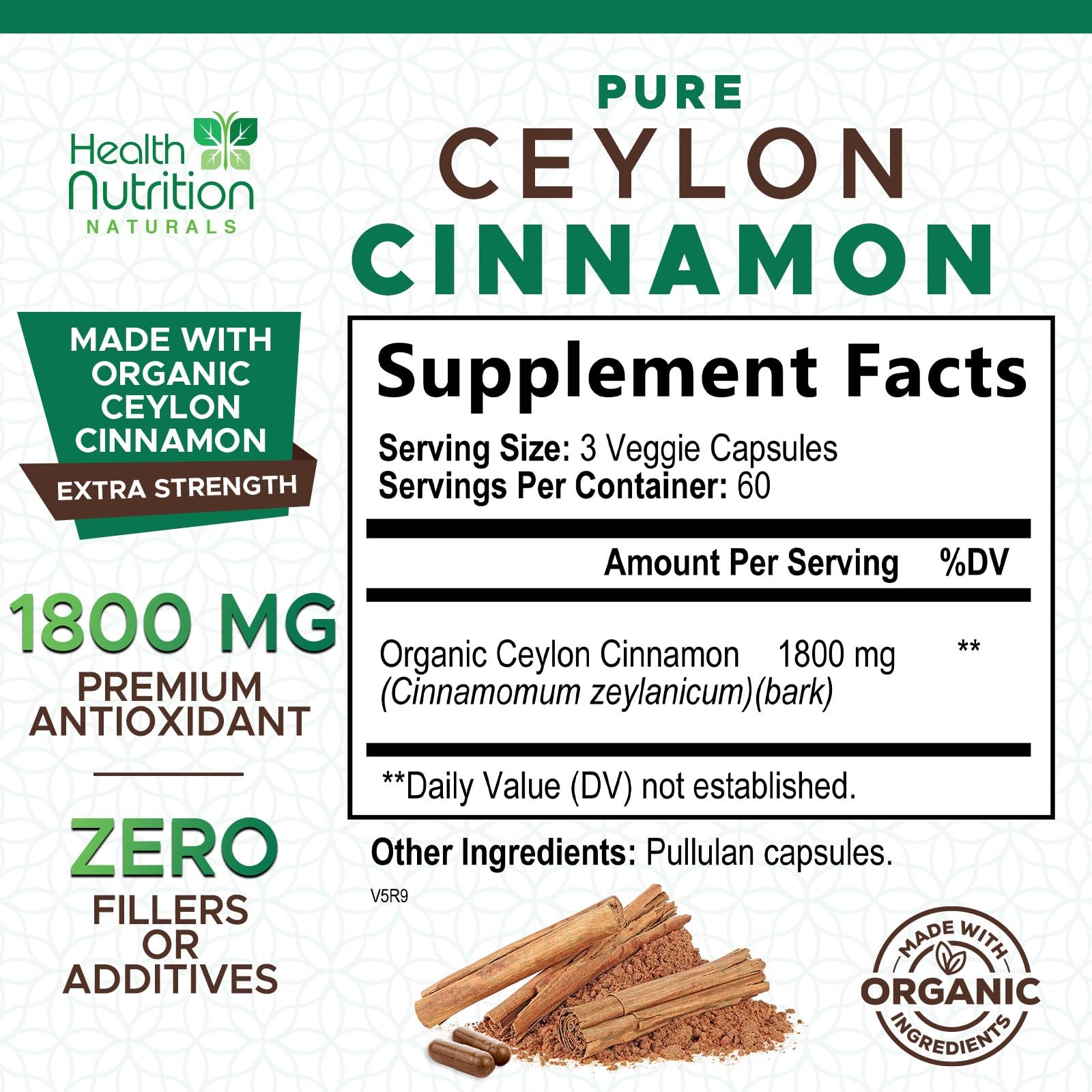 Close-up of organic Ceylon cinnamon capsules