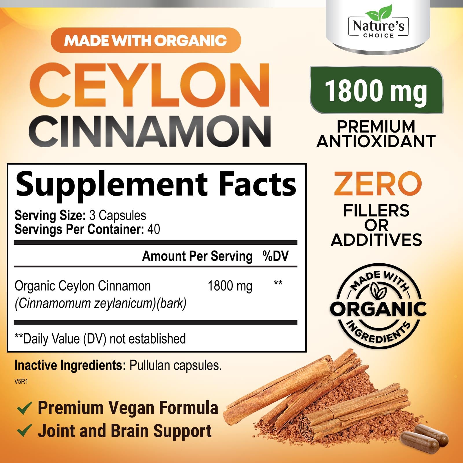Ceylon Cinnamon Capsules label showing Organic certification