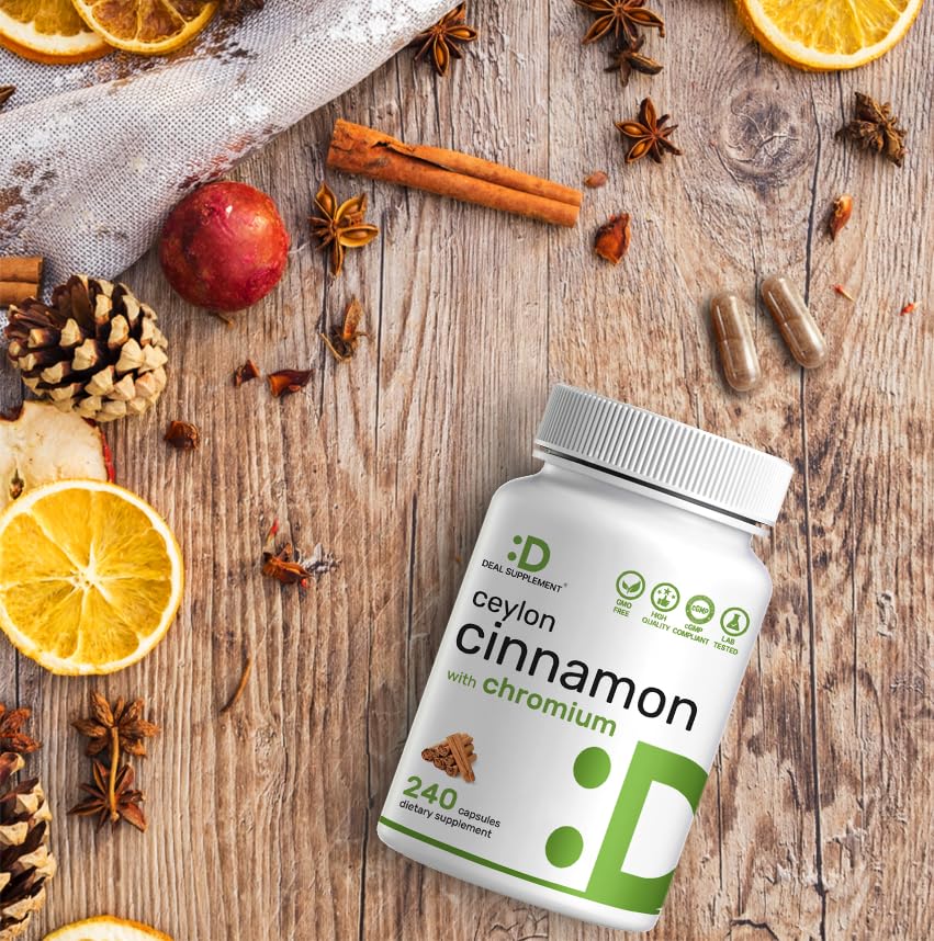Front of bottle highlighting 2-in-1 cinnamon and chromium formula