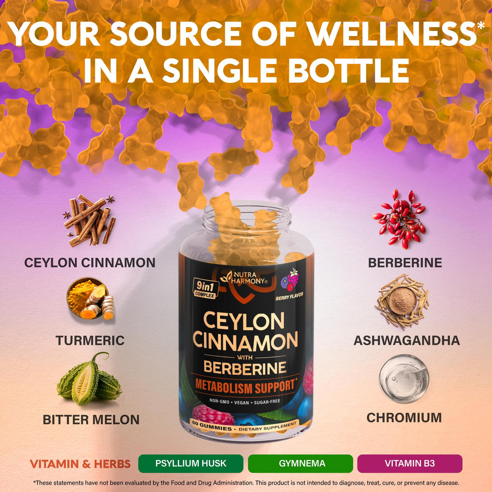Nutrition facts panel on Ceylon Cinnamon Gummies bottle