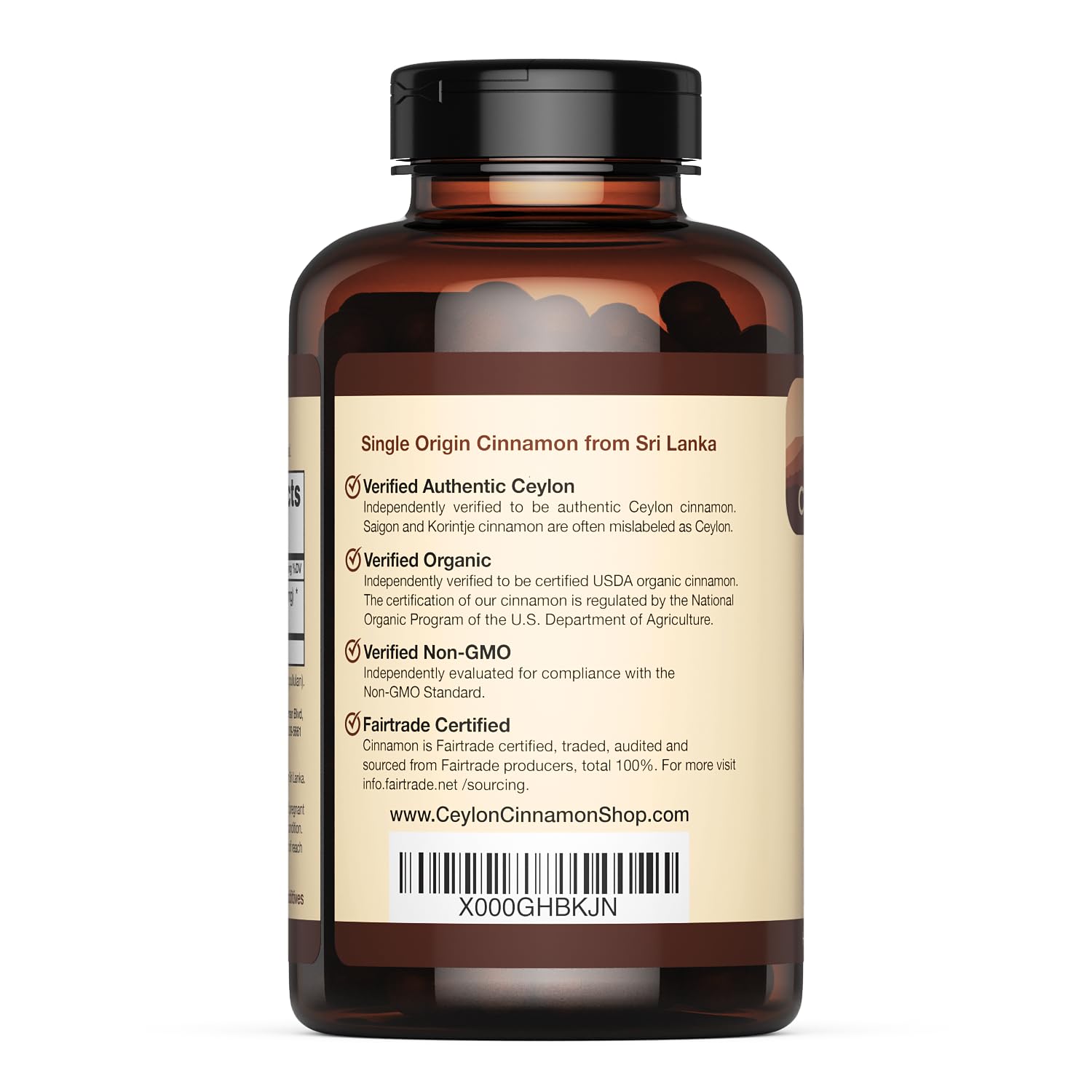 Organic certification label on Ceylon Cinnamon supplement
