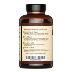 Organic certification label on Ceylon Cinnamon supplement