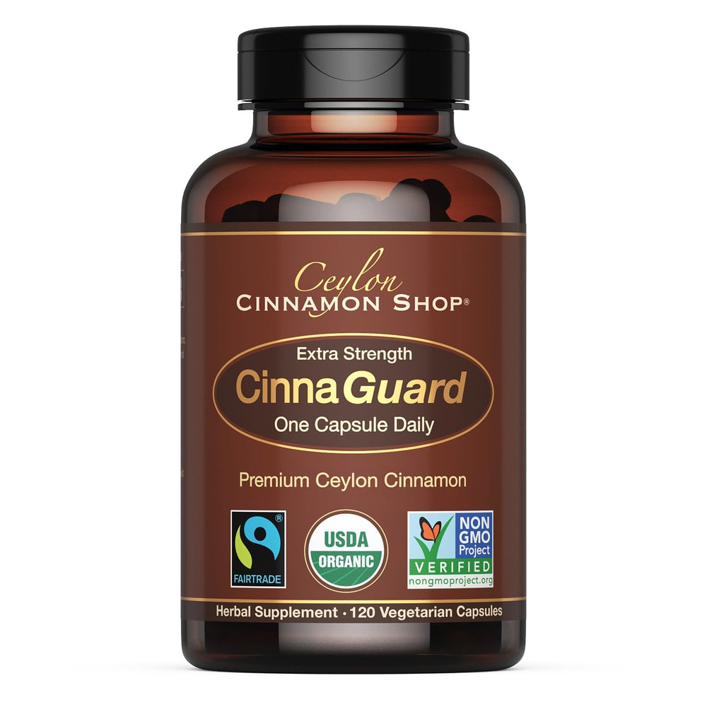 Label on Ceylon Cinnamon Shop CinnaGuard Organic Cinnamon Supplement bottle