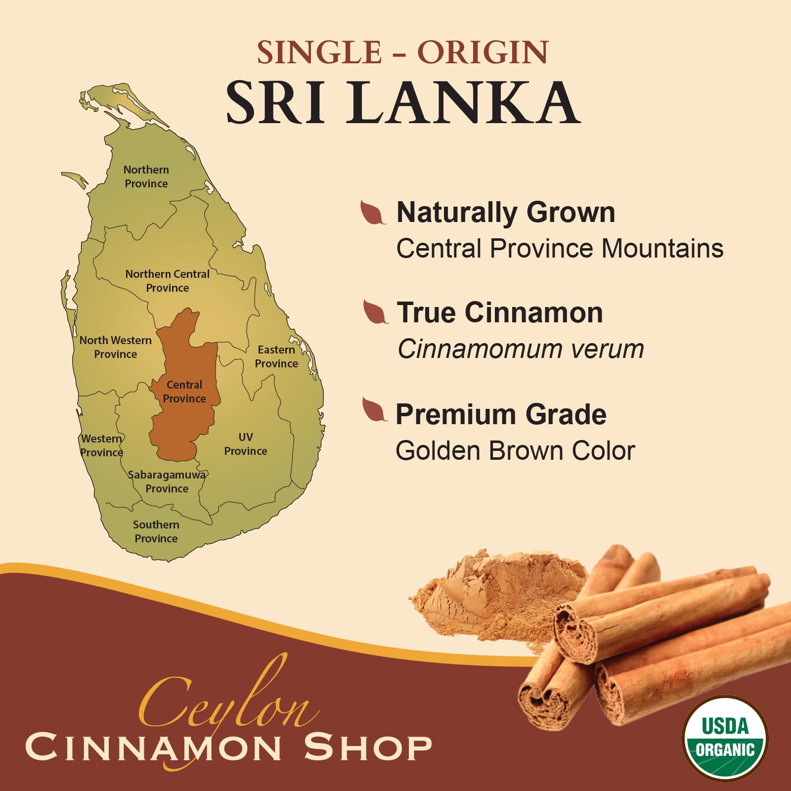 Non-GMO Project Verified mark on Ceylon Cinnamon Shop bottle