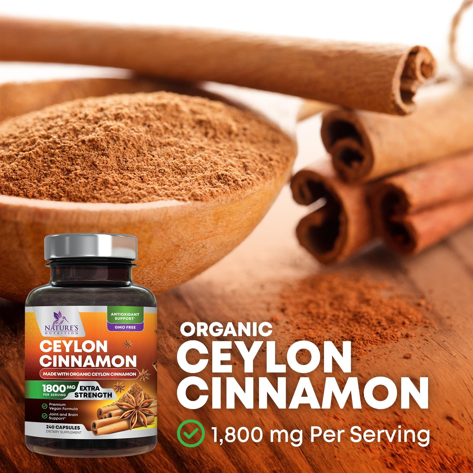 Certified organic Ceylon cinnamon supplement bottle 1800mg
