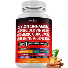 Bottle label showing All-in-One Ceylon Cinnamon Turmeric ACV Ginger Aloe Vera Berberine Banaba 60 Count