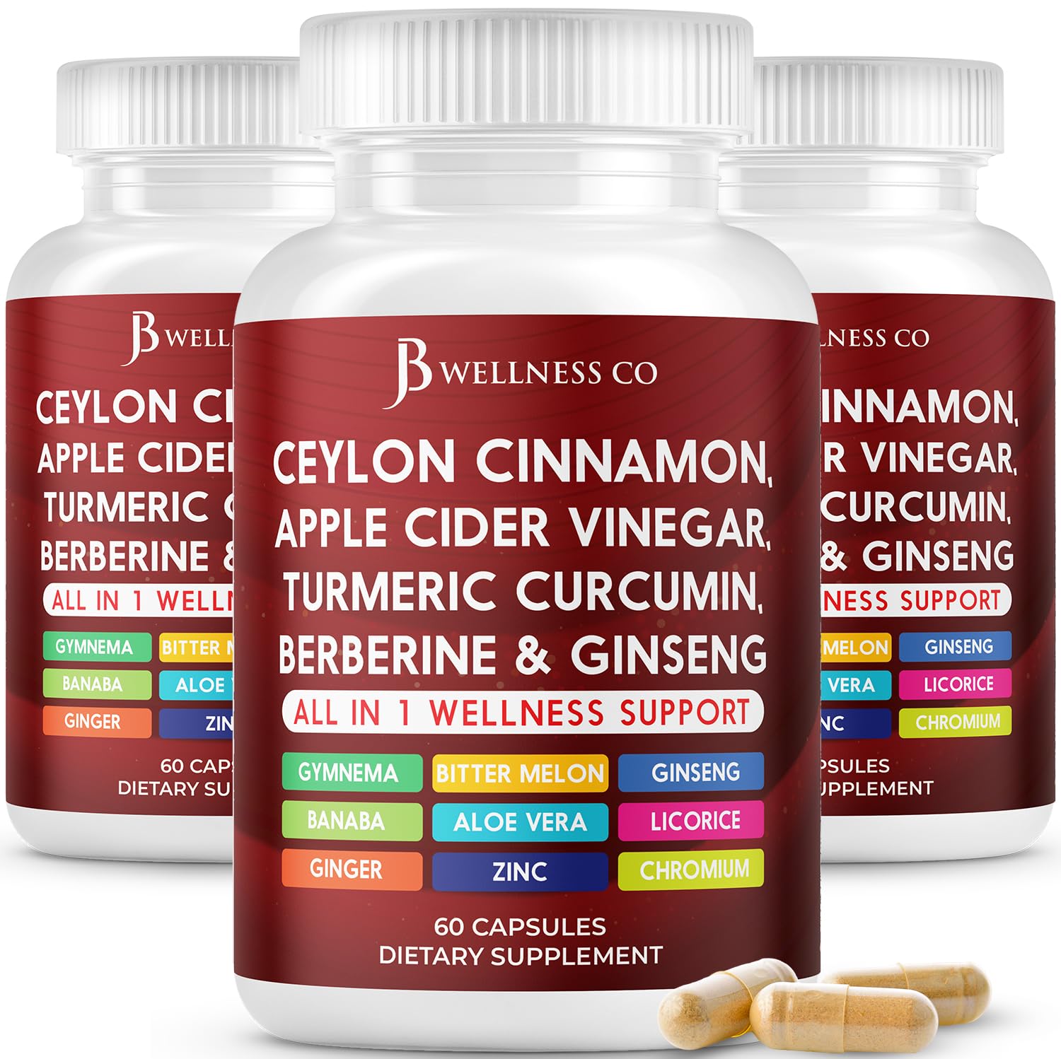 Hero image: Ceylon cinnamon, turmeric, ACV, ginger root, ginseng, aloe vera, berberine and banaba in 180 capsules