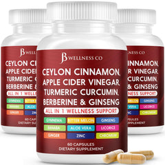 Hero image: Ceylon cinnamon, turmeric, ACV, ginger root, ginseng, aloe vera, berberine and banaba in 180 capsules