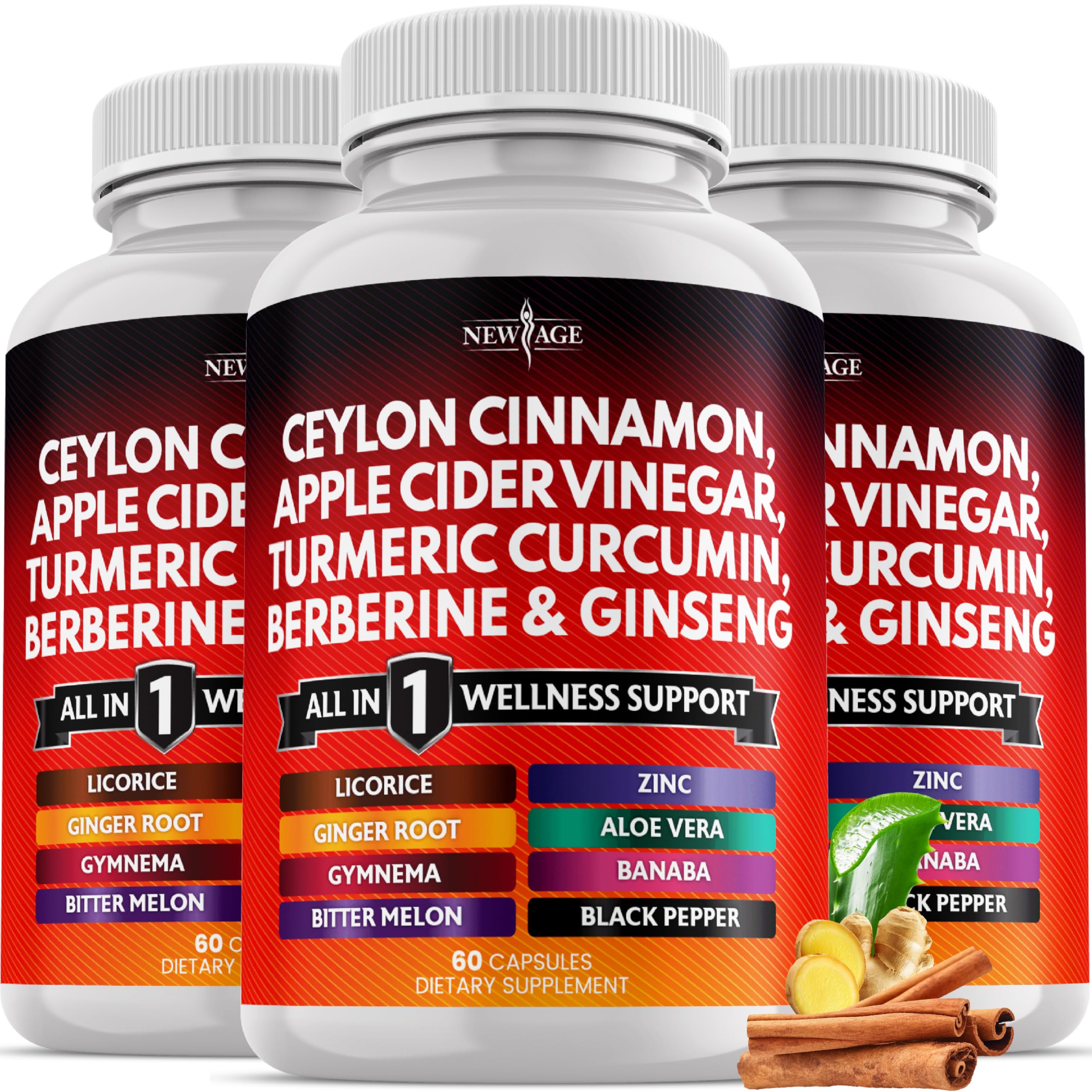 Bottle of Ceylon Cinnamon Turmeric Apple Cider Vinegar Ginseng Aloe Vera Berberine Banaba Ginger Root supplement - 180 count