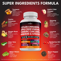 Capsules and bottle labeled with cinnamon, turmeric, and apple cider vinegar ingredients