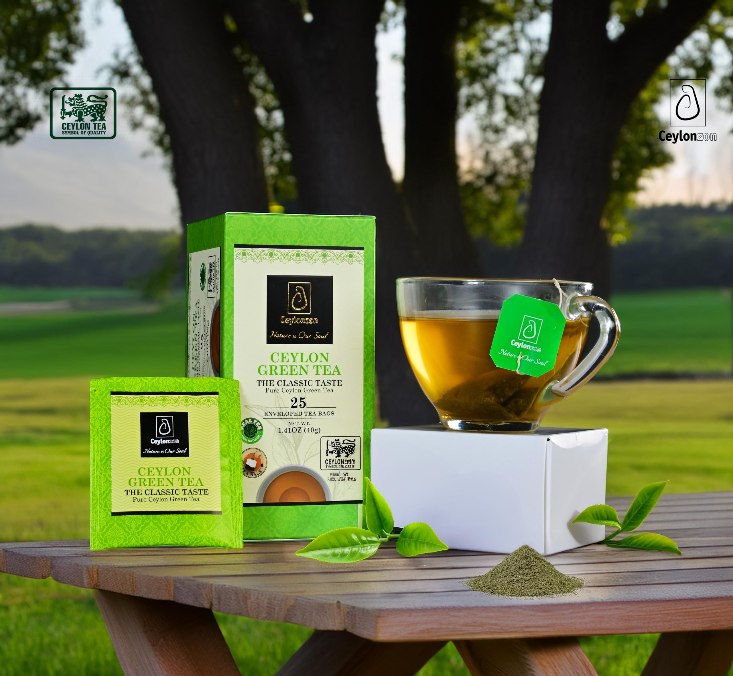 Ceylonzon green tea packaging with 80 g label