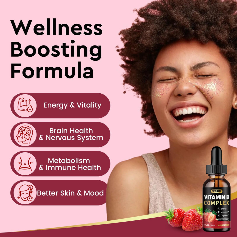 Bottle of CFILIHTC Vitamin B Complex Liquid Drops with strawberry flavor label