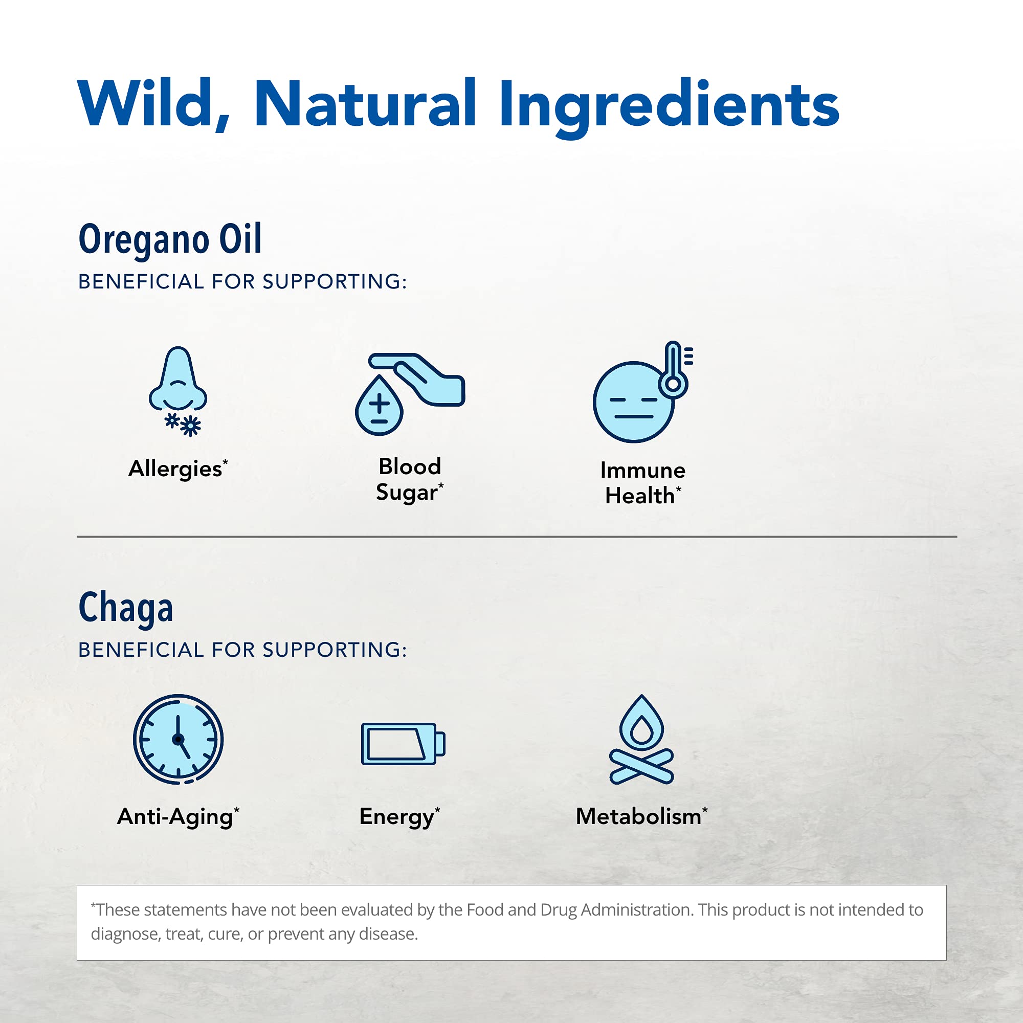 Chaga mushroom, birch bark and oregano oil ingredients