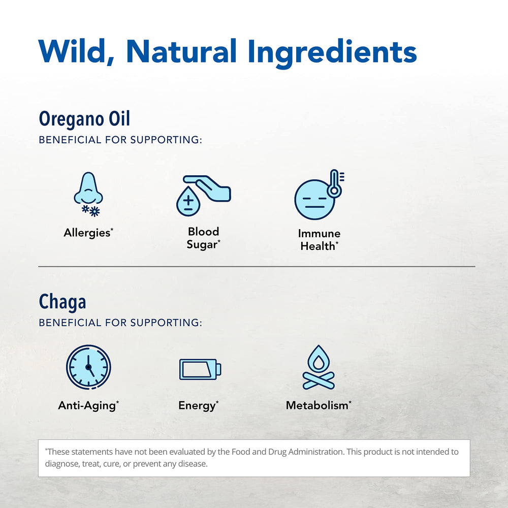 Chaga mushroom, birch bark and oregano oil ingredients
