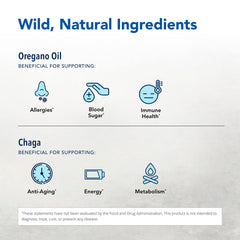 Chaga mushroom, birch bark and oregano oil ingredients