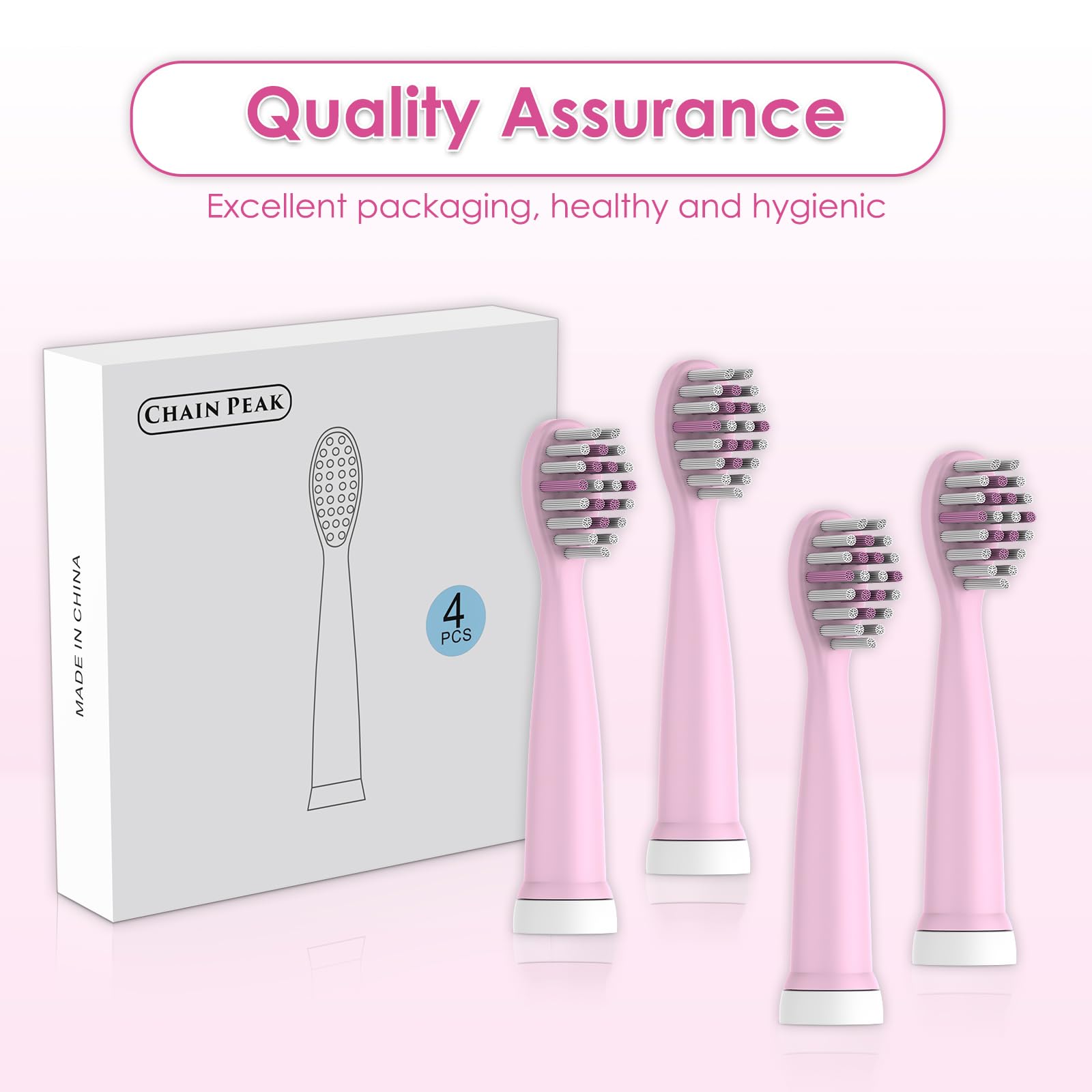 Product layout: four pink replacement heads with packaging