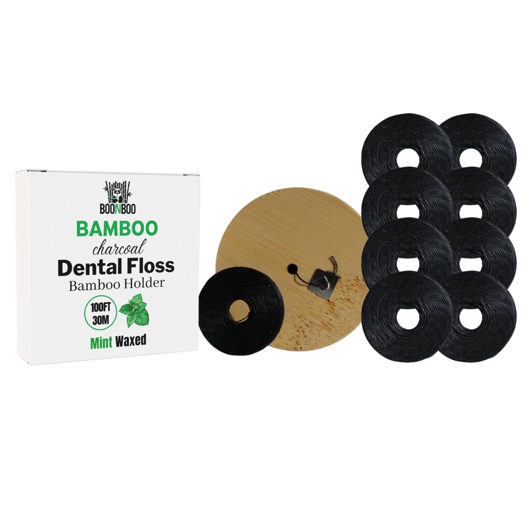 Charcoal dental floss with bamboo holder and 8-pack refill