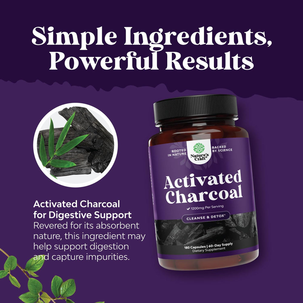 Label showing 1200mg per serving for charcoal capsules