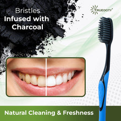 Close-up of ultra-soft bristles on charcoal toothbrush