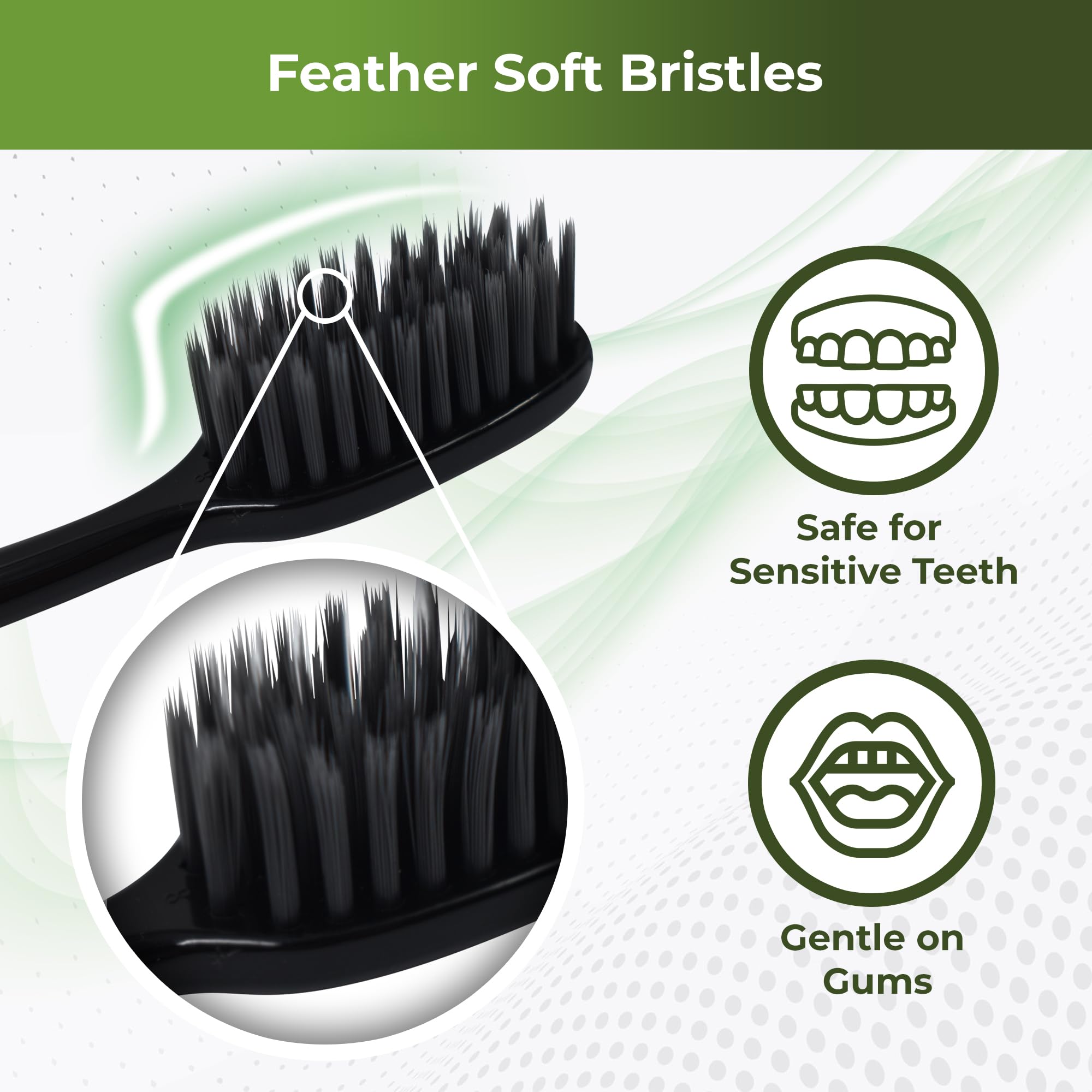 Slim brush head reaching back teeth on charcoal toothbrush