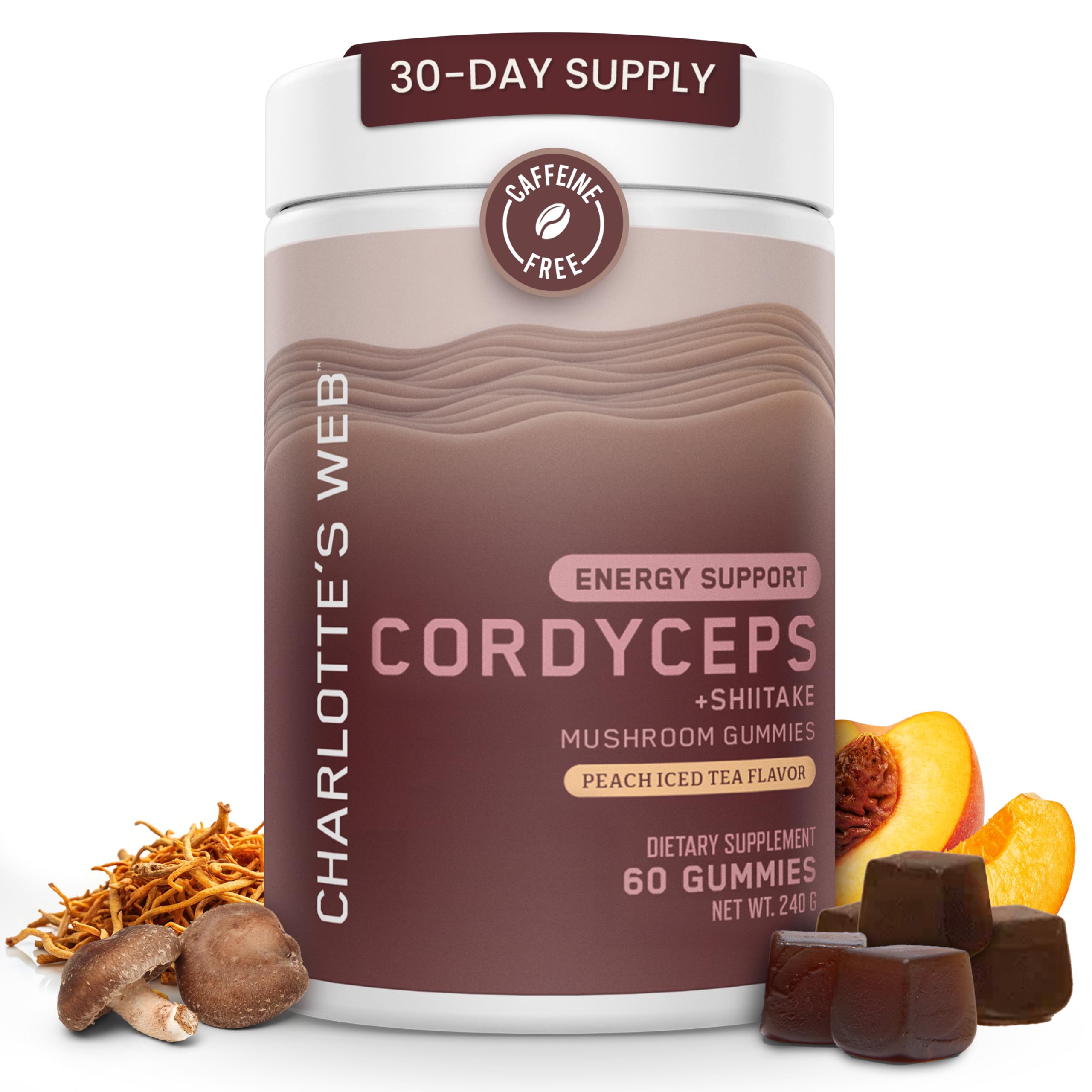 Charlotte's Web Energy Support Mushrooms gummies with peach iced tea flavor on front view