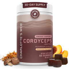 Charlotte's Web Energy Support Mushrooms gummies with peach iced tea flavor on front view